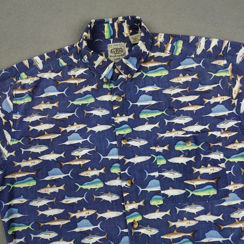 Vintage Hawaiian Shirt Fish Print AOP Men Large Blue‎ Tuna Shark Marlin Fishing